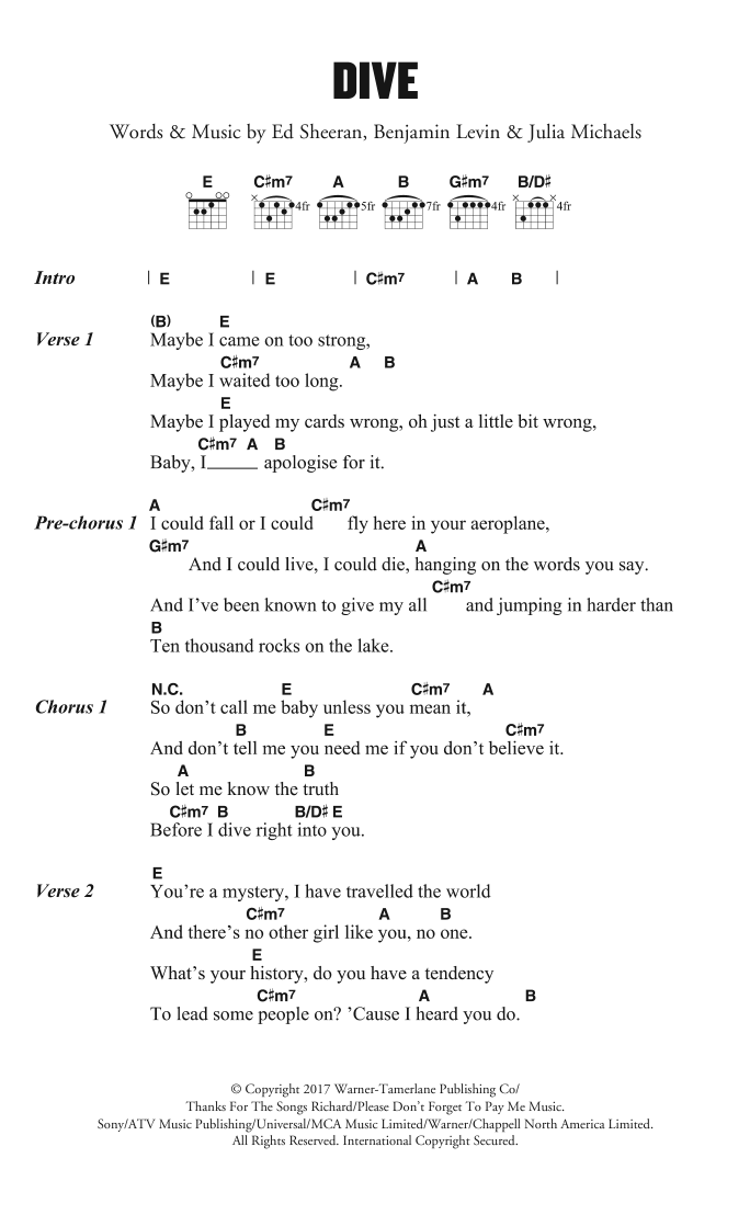 Ed Sheeran Dive sheet music notes and chords arranged for Really Easy Piano