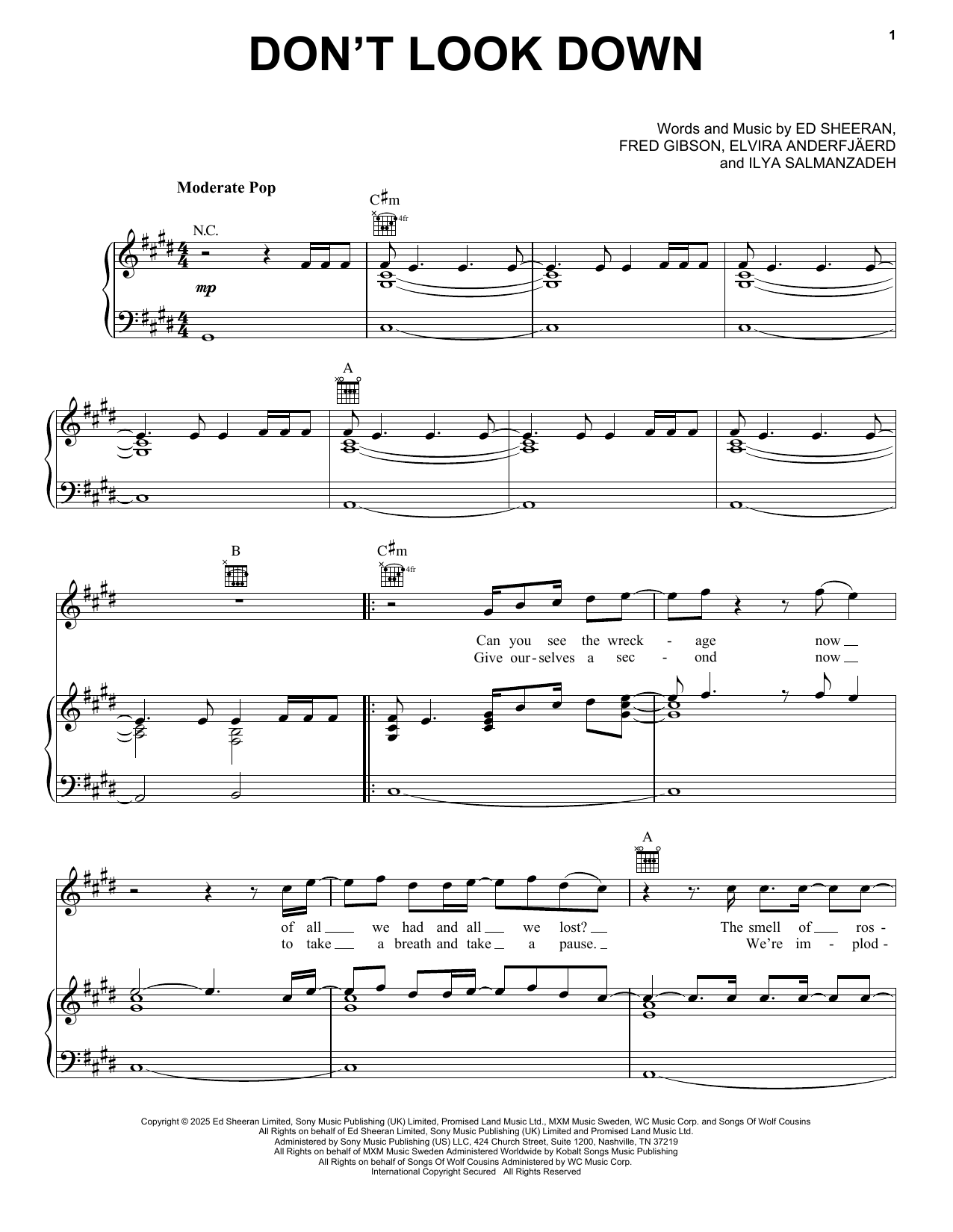 Ed Sheeran Don't Look Down sheet music notes and chords arranged for Piano, Vocal & Guitar Chords (Right-Hand Melody)