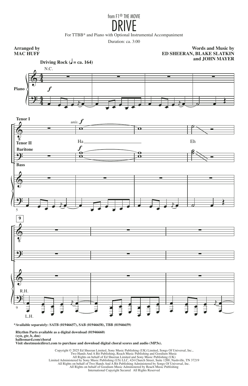 Ed Sheeran Drive (from F1 The Movie) (arr. Mac Huff) sheet music notes and chords arranged for TBB Choir