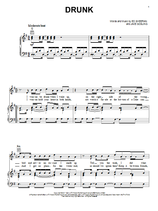 Ed Sheeran Drunk sheet music notes and chords arranged for Piano, Vocal & Guitar Chords
