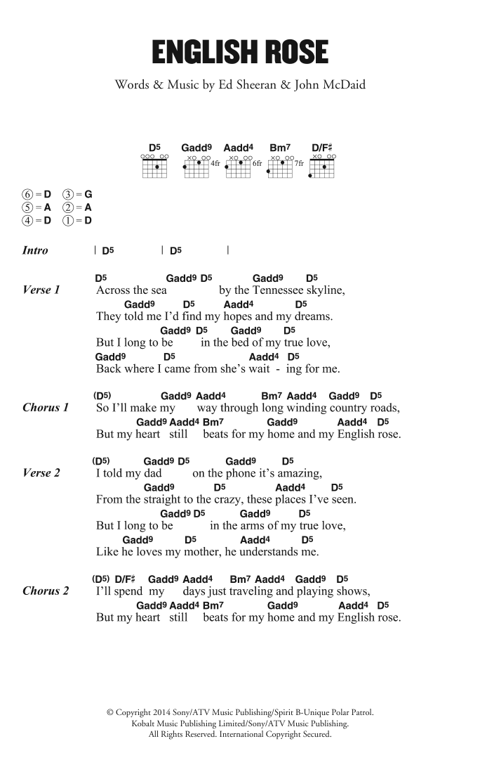 Ed Sheeran English Rose sheet music notes and chords arranged for Guitar Chords/Lyrics