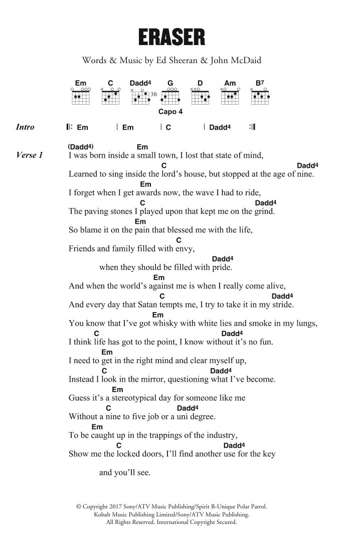 Ed Sheeran Eraser sheet music notes and chords arranged for Guitar Chords/Lyrics