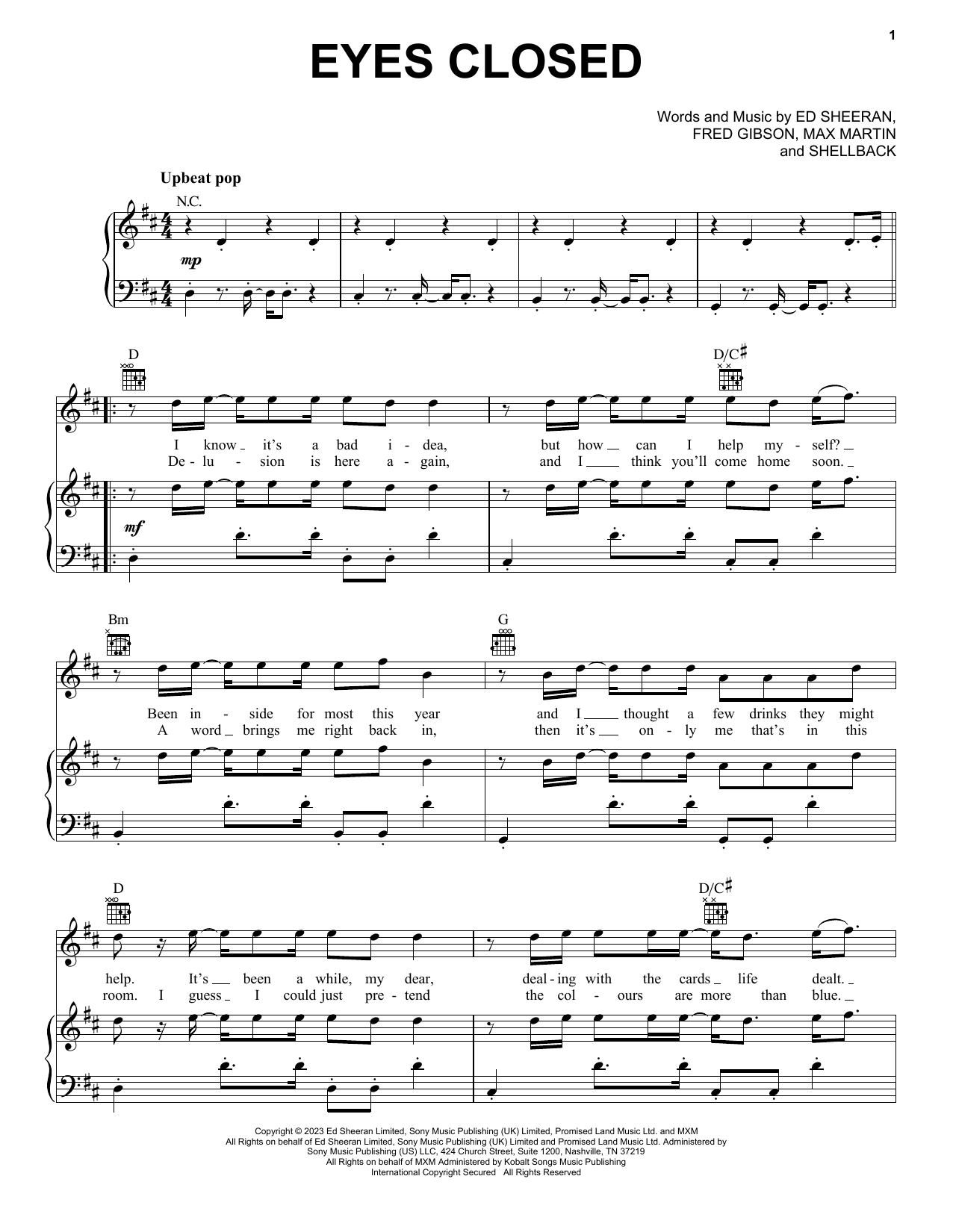 Ed Sheeran Eyes Closed sheet music notes and chords arranged for Piano, Vocal & Guitar Chords (Right-Hand Melody)