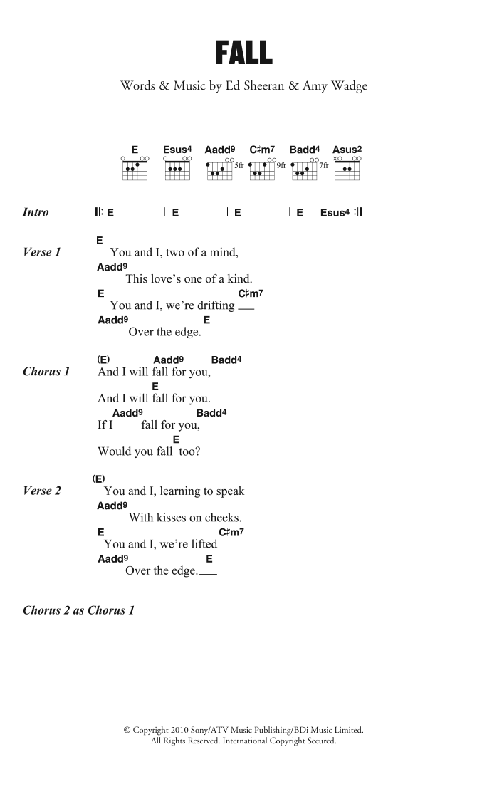 Ed Sheeran Fall sheet music notes and chords arranged for Guitar Chords/Lyrics