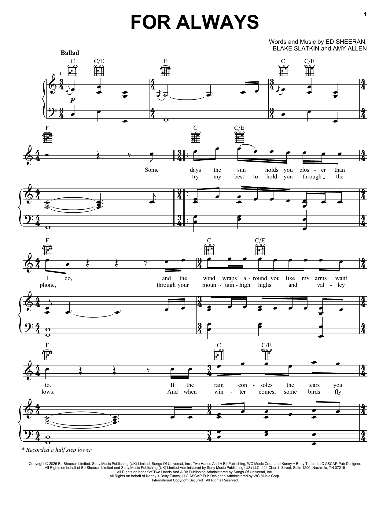 Ed Sheeran For Always sheet music notes and chords arranged for Piano, Vocal & Guitar Chords (Right-Hand Melody)