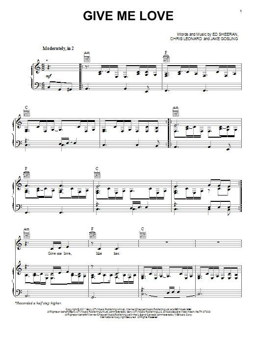Ed Sheeran Give Me Love sheet music notes and chords arranged for Easy Piano