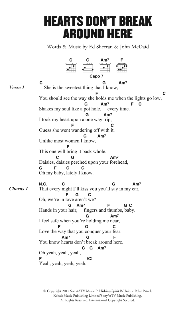 Ed Sheeran Hearts Don't Break Around Here sheet music notes and chords arranged for Piano, Vocal & Guitar Chords (Right-Hand Melody)