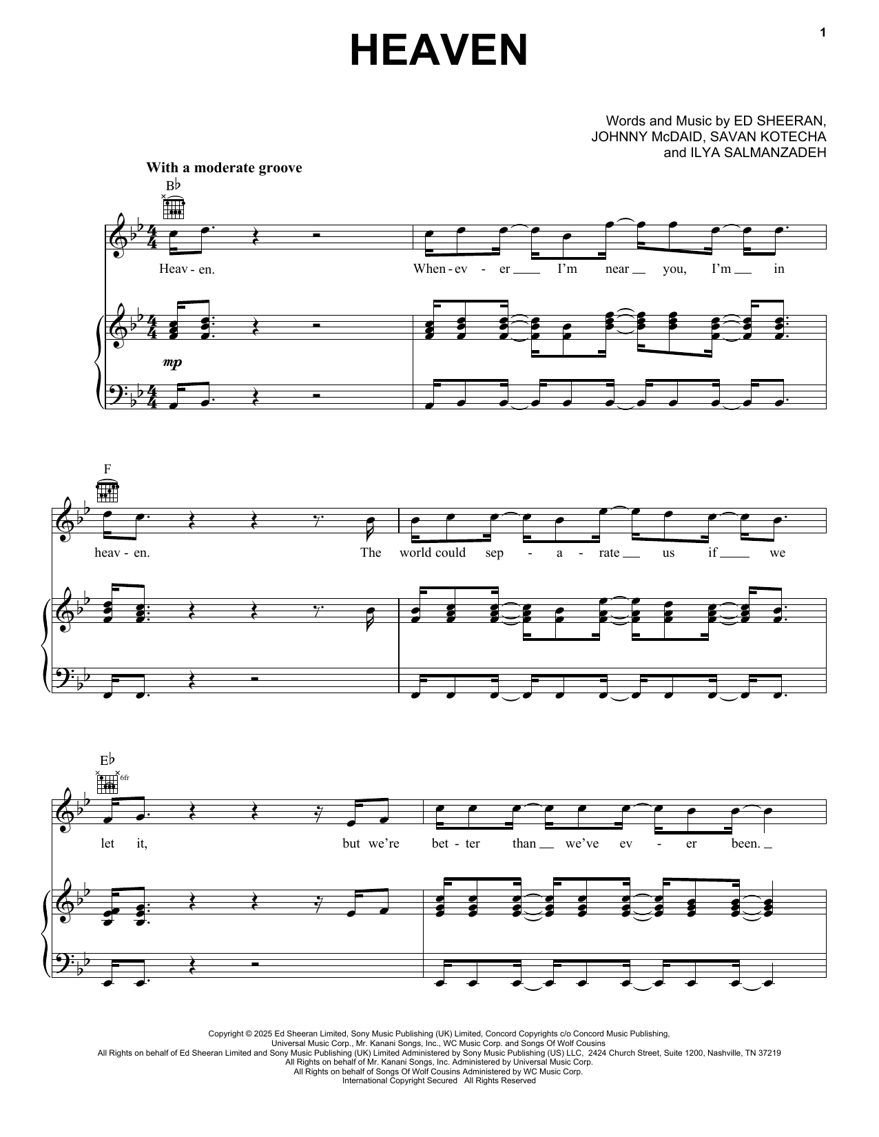 Ed Sheeran Heaven sheet music notes and chords arranged for Piano, Vocal & Guitar Chords (Right-Hand Melody)