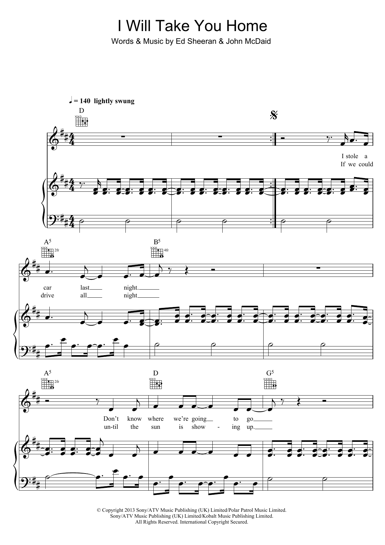 Ed Sheeran I Will Take You Home sheet music notes and chords arranged for Piano, Vocal & Guitar Chords