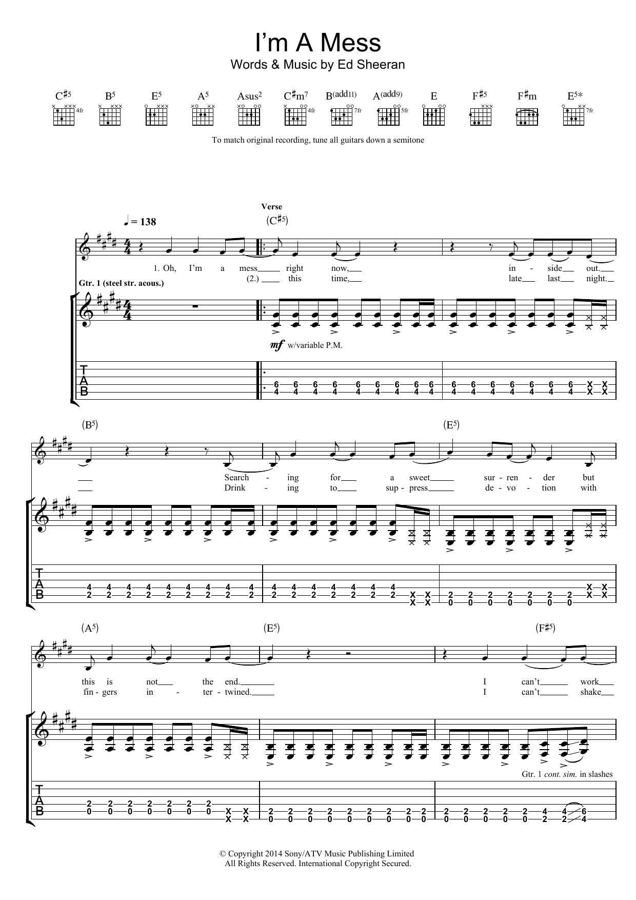 Ed Sheeran I'm A Mess sheet music notes and chords arranged for Guitar Tab