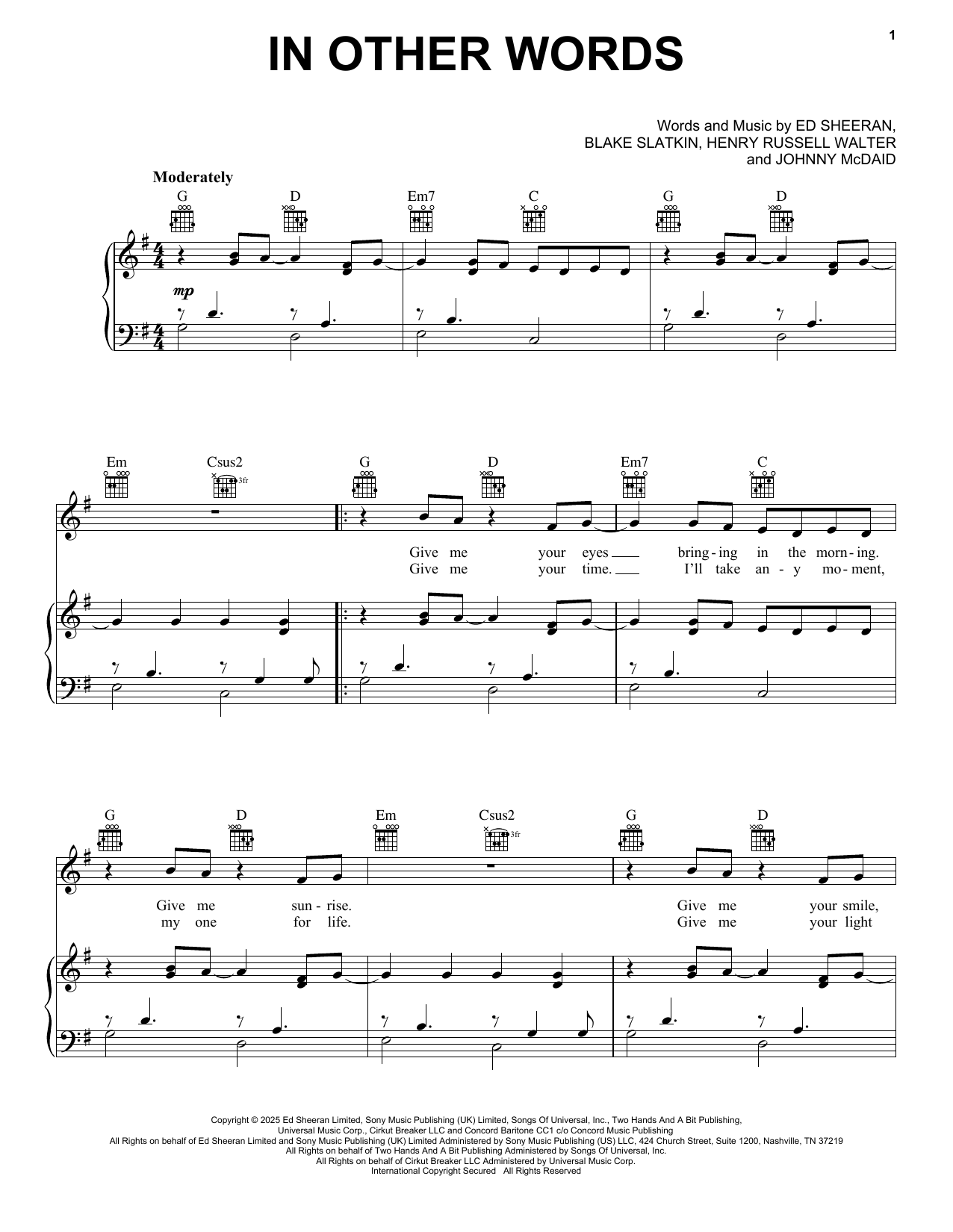 Ed Sheeran In Other Words sheet music notes and chords arranged for Piano, Vocal & Guitar Chords (Right-Hand Melody)