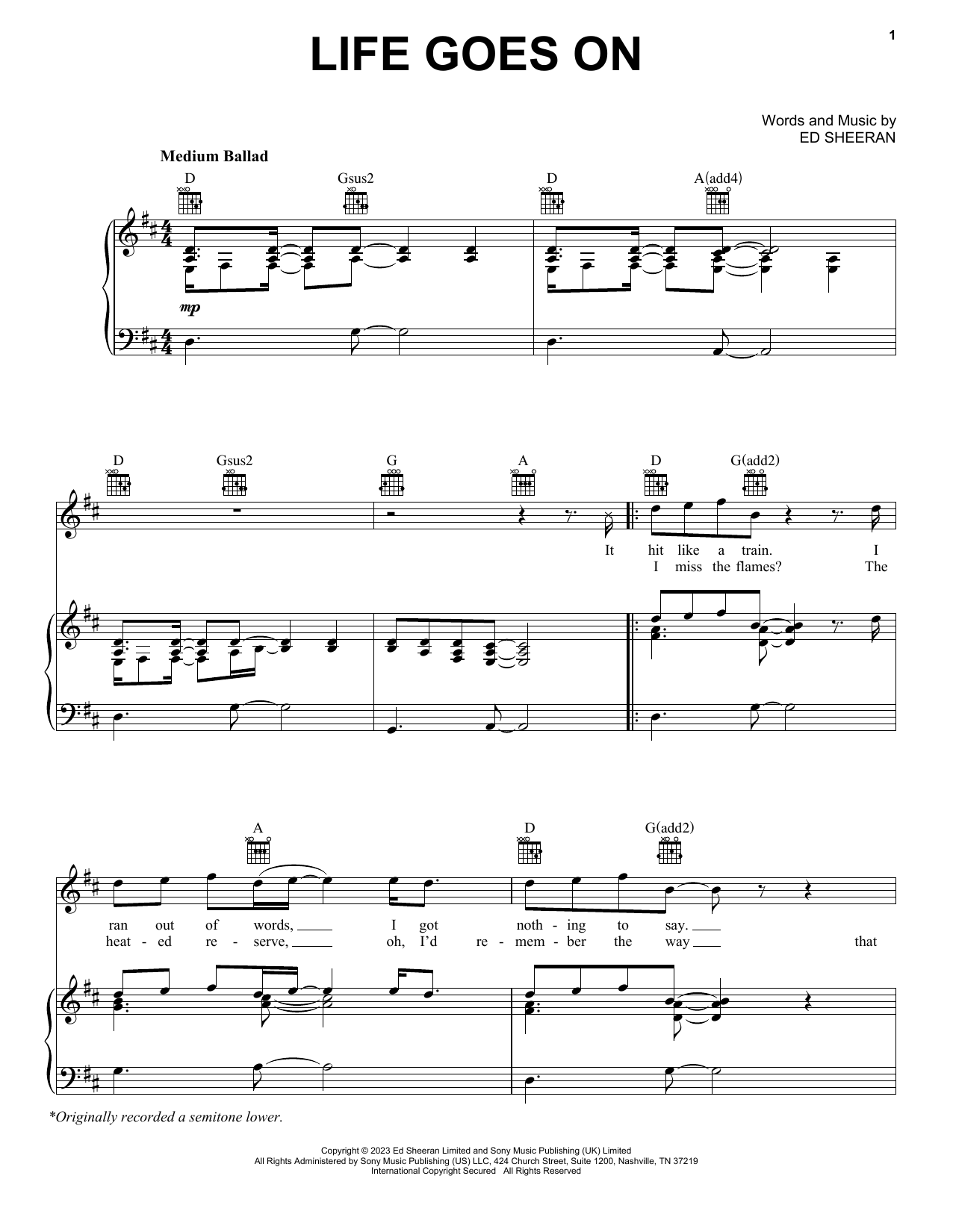 Ed Sheeran Life Goes On sheet music notes and chords arranged for Piano, Vocal & Guitar Chords (Right-Hand Melody)
