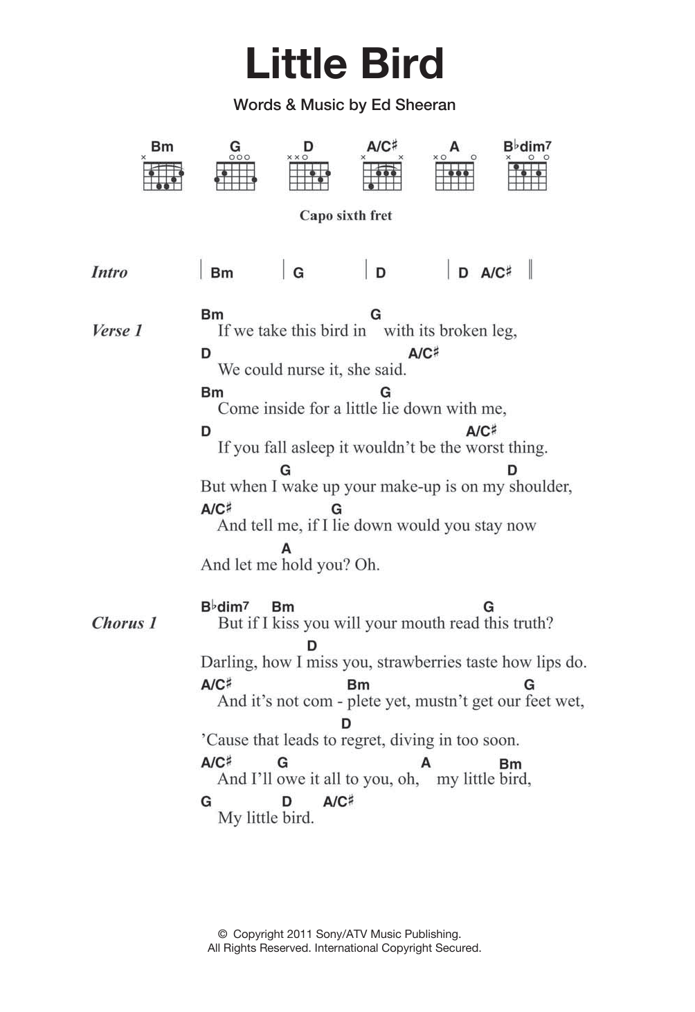Ed Sheeran Little Bird sheet music notes and chords arranged for Guitar Chords/Lyrics