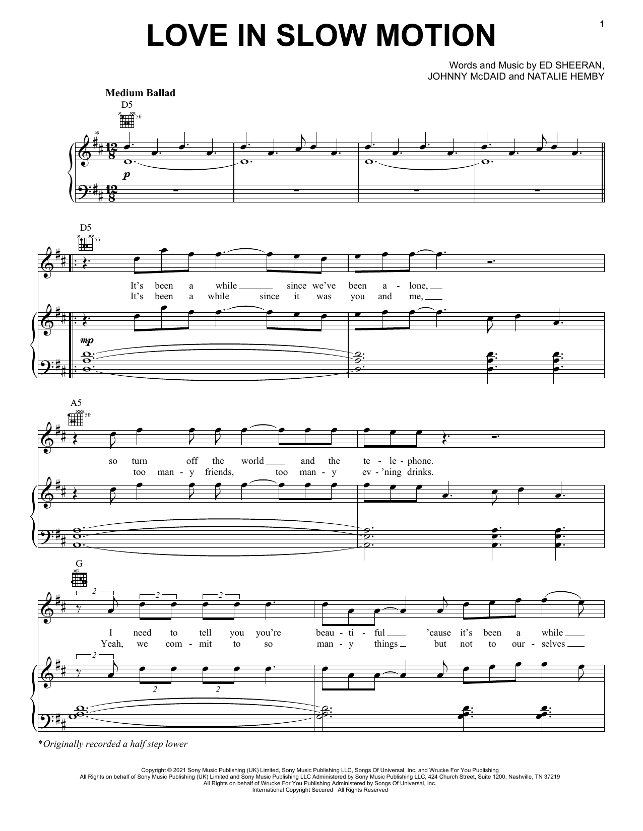 Ed Sheeran Love In Slow Motion sheet music notes and chords arranged for Easy Piano
