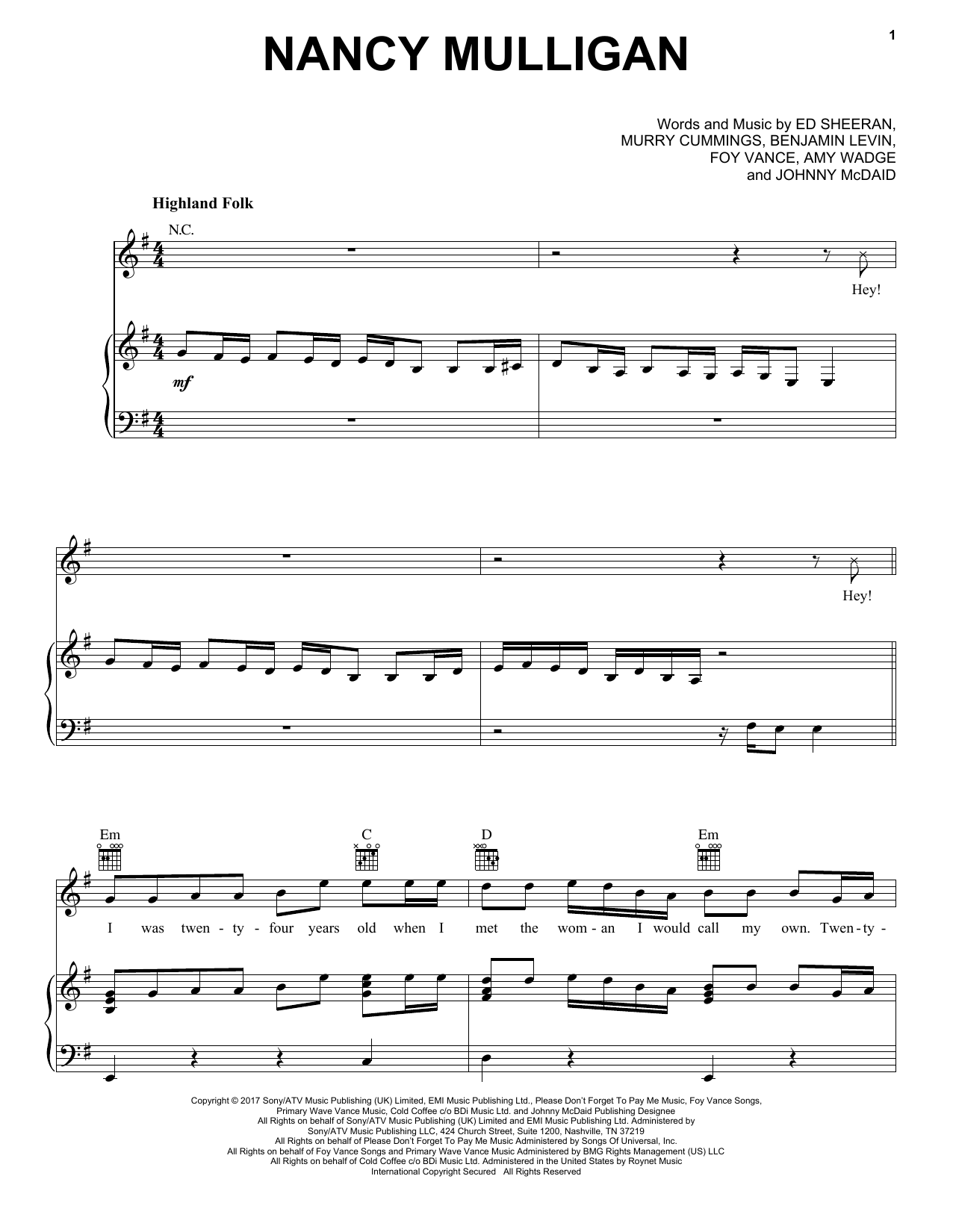 Ed Sheeran Nancy Mulligan sheet music notes and chords arranged for Piano, Vocal & Guitar Chords (Right-Hand Melody)