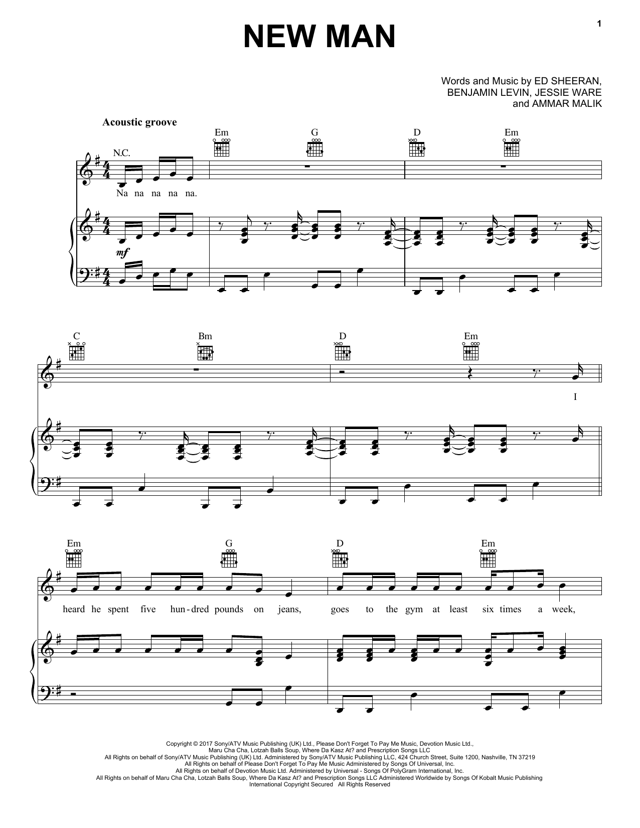 Ed Sheeran New Man sheet music notes and chords arranged for Really Easy Piano