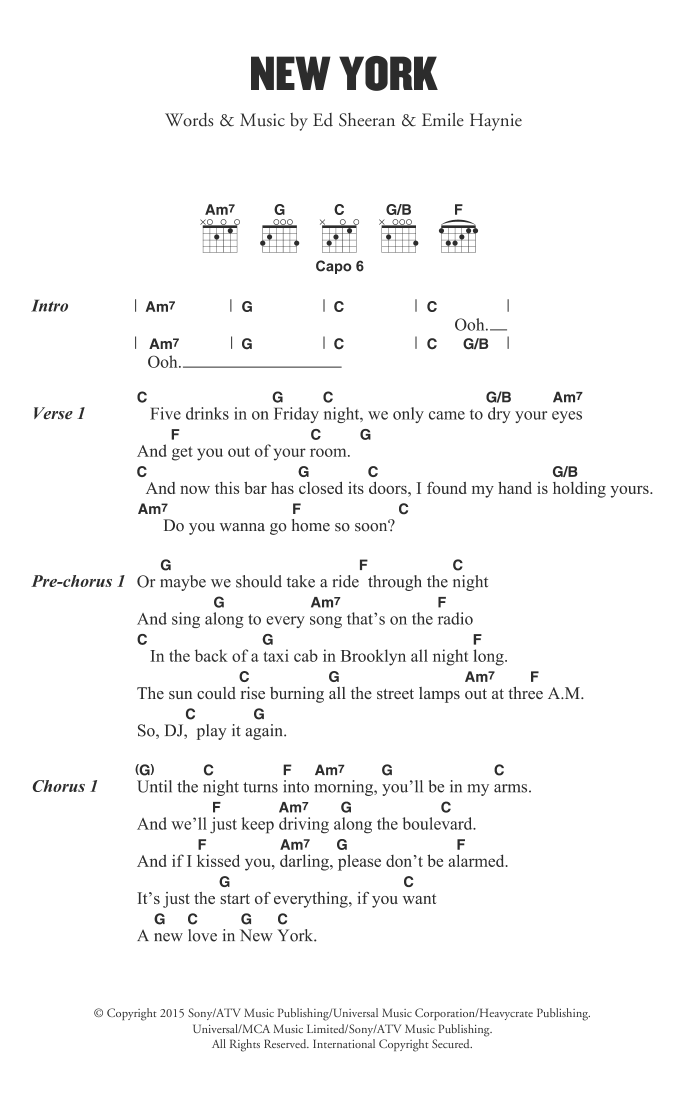Ed Sheeran New York sheet music notes and chords arranged for Guitar Chords/Lyrics