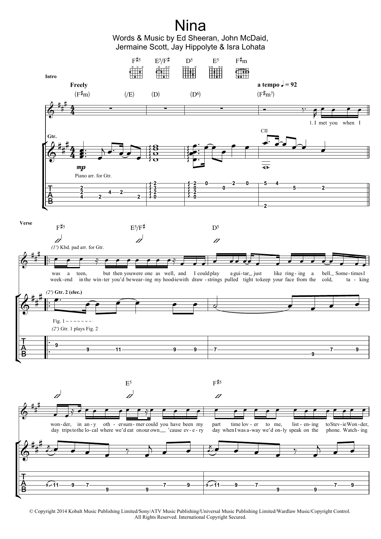 Ed Sheeran Nina sheet music notes and chords arranged for Piano, Vocal & Guitar Chords (Right-Hand Melody)