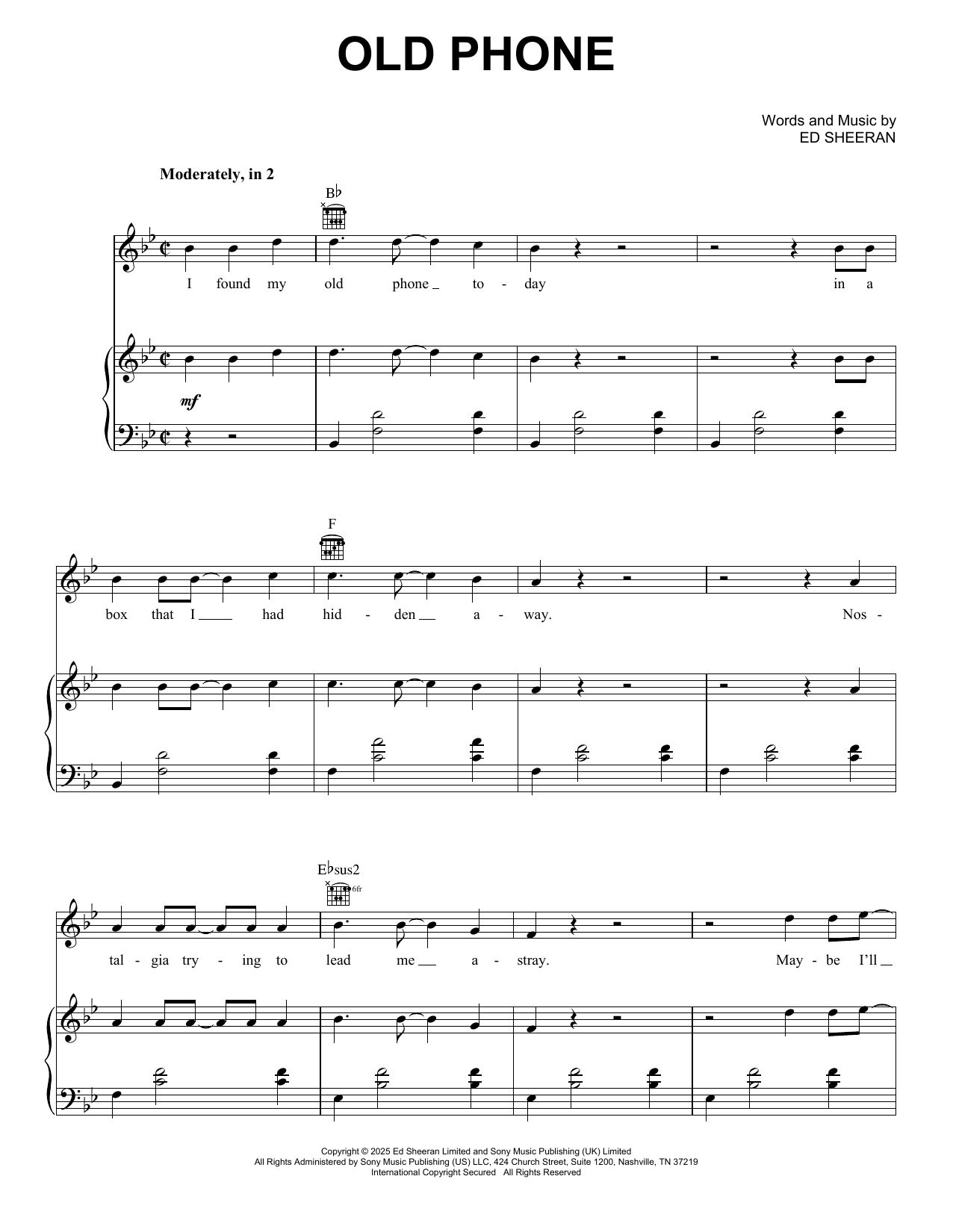 Ed Sheeran Old Phone sheet music notes and chords arranged for Super Easy Piano