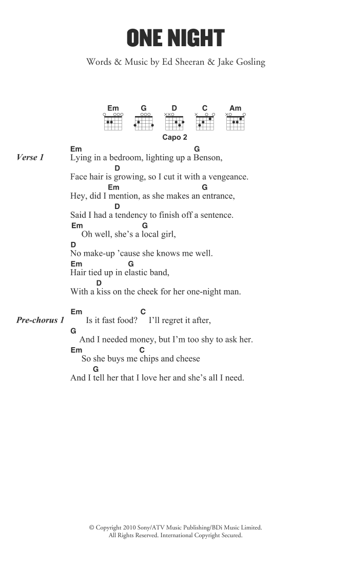 Ed Sheeran One Night sheet music notes and chords arranged for Guitar Chords/Lyrics