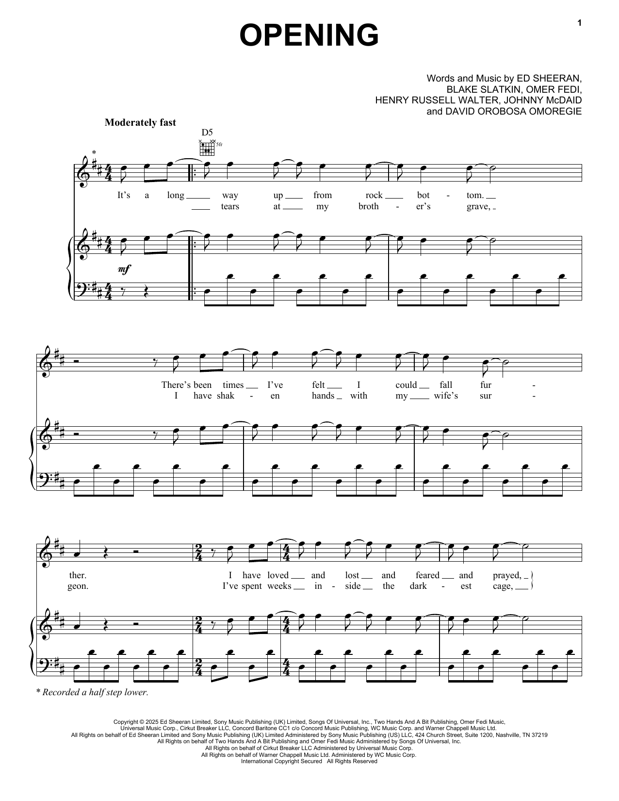 Ed Sheeran Opening sheet music notes and chords arranged for Piano, Vocal & Guitar Chords (Right-Hand Melody)