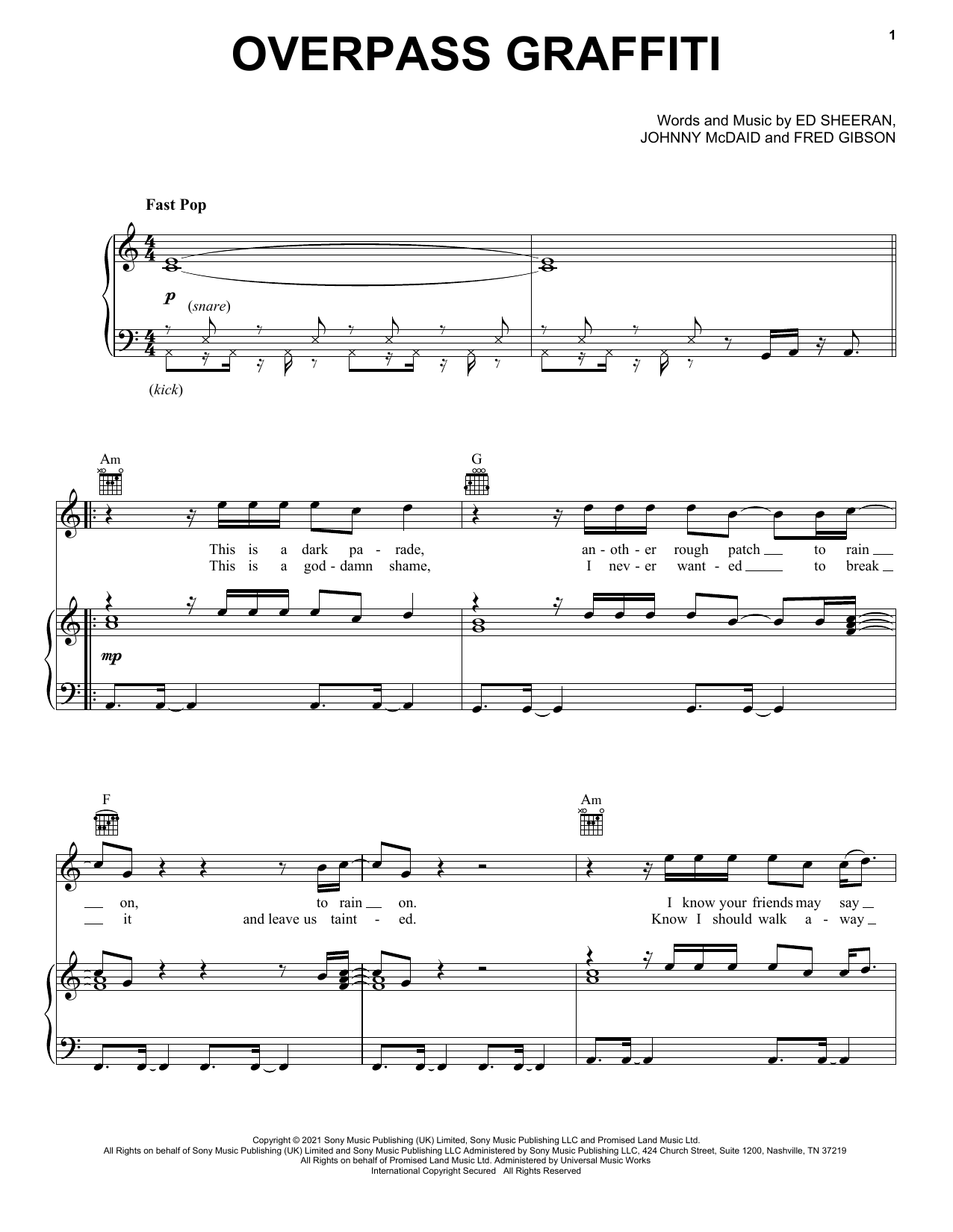 Ed Sheeran Overpass Graffiti sheet music notes and chords arranged for Easy Piano