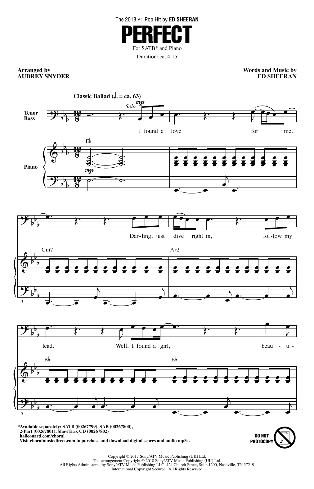 Ed Sheeran Perfect (arr. Audrey Snyder) sheet music notes and chords arranged for SATB Choir