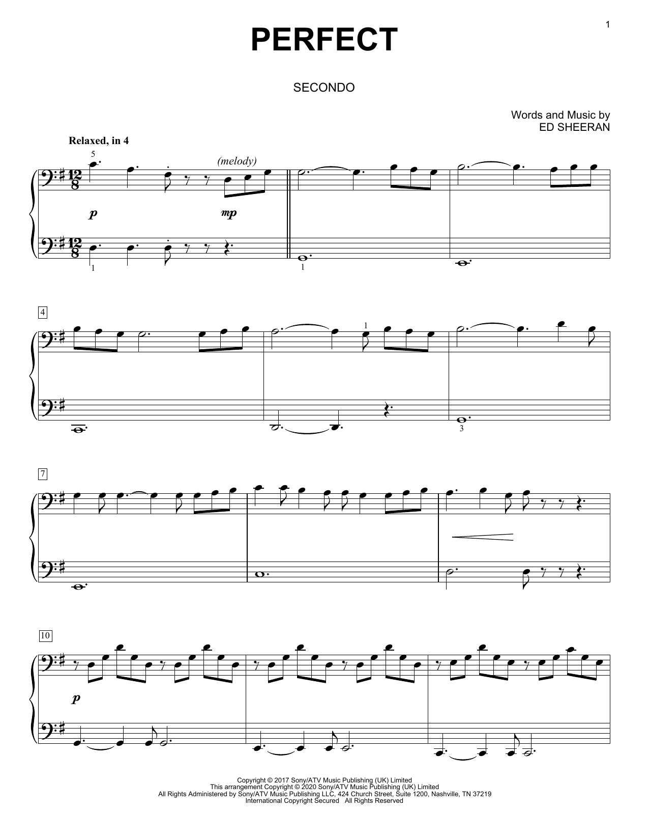 Ed Sheeran Perfect (arr. David Pearl) sheet music notes and chords arranged for Piano Duet