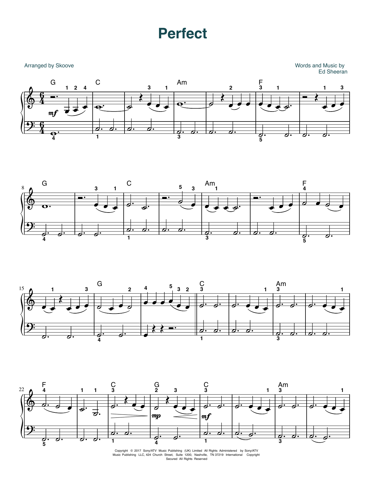 Ed Sheeran Perfect (arr. Skoove) sheet music notes and chords arranged for Beginner Piano (Abridged)