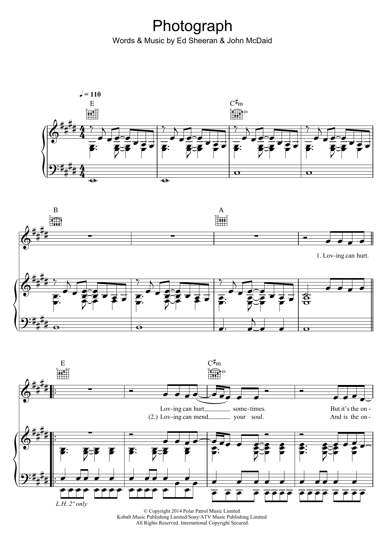 Ed Sheeran Photograph sheet music notes and chords arranged for Piano, Vocal & Guitar Chords (Right-Hand Melody)
