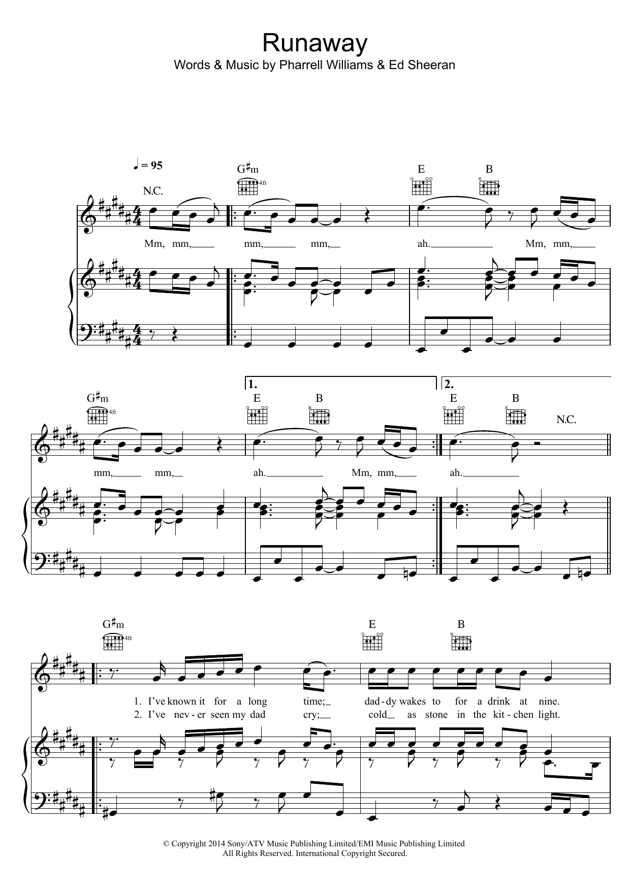 Ed Sheeran Runaway sheet music notes and chords arranged for Piano, Vocal & Guitar Chords (Right-Hand Melody)
