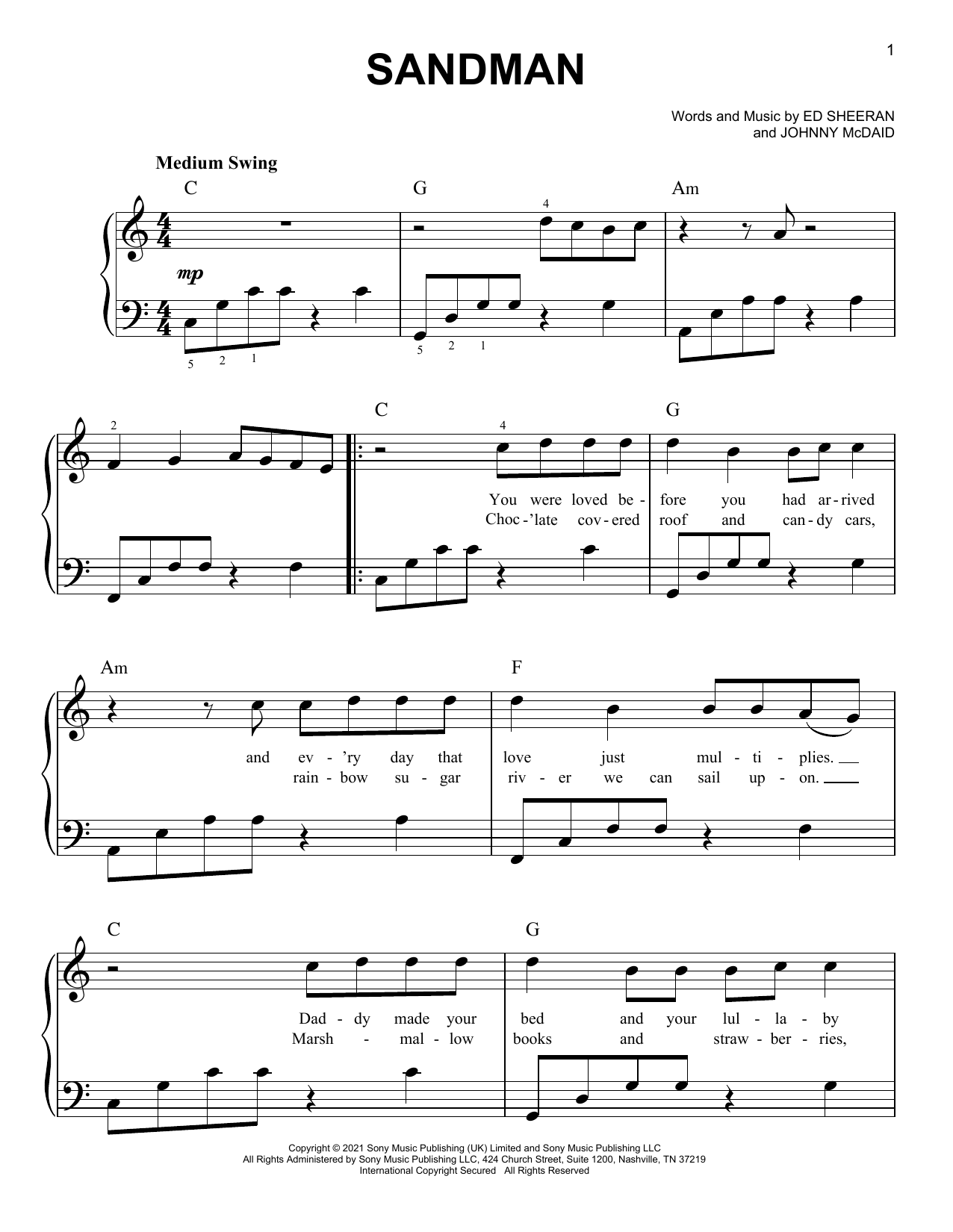 Ed Sheeran Sandman sheet music notes and chords arranged for Easy Piano