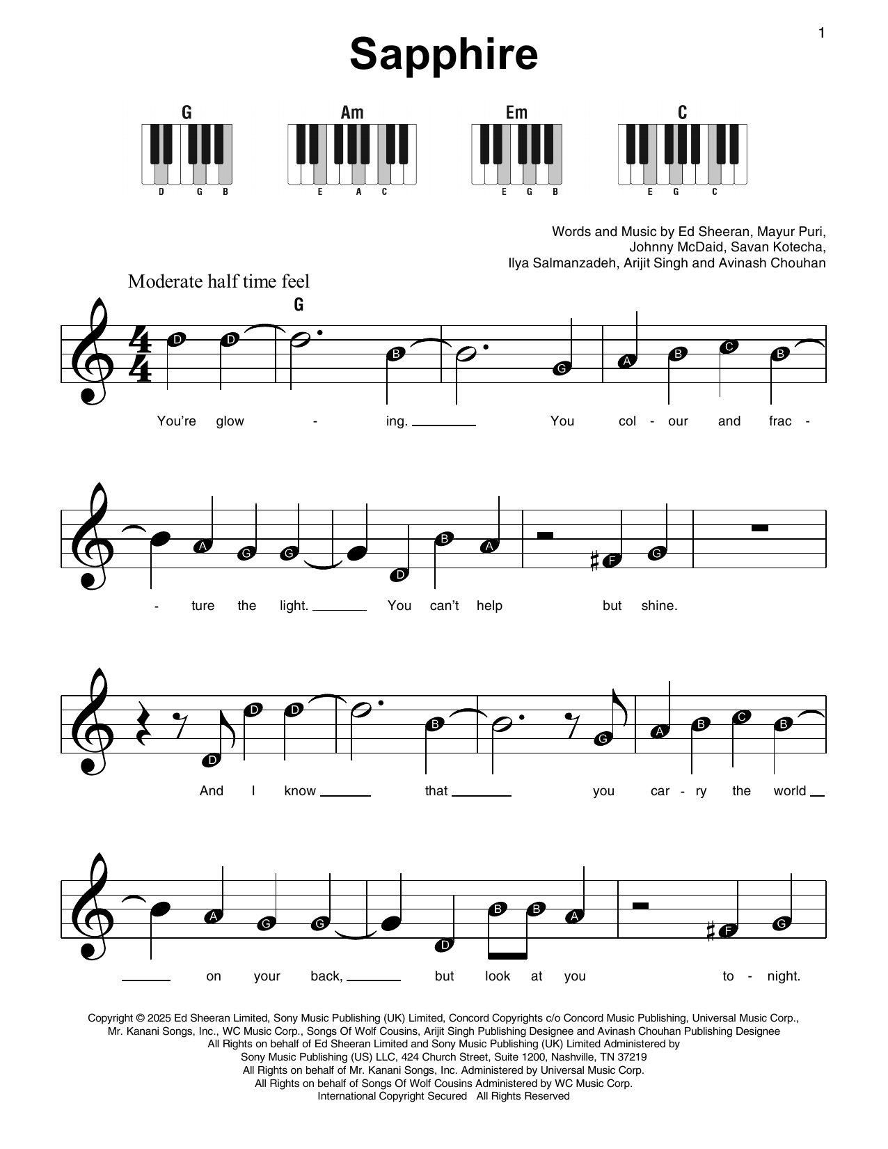 Ed Sheeran Sapphire sheet music notes and chords arranged for Super Easy Piano