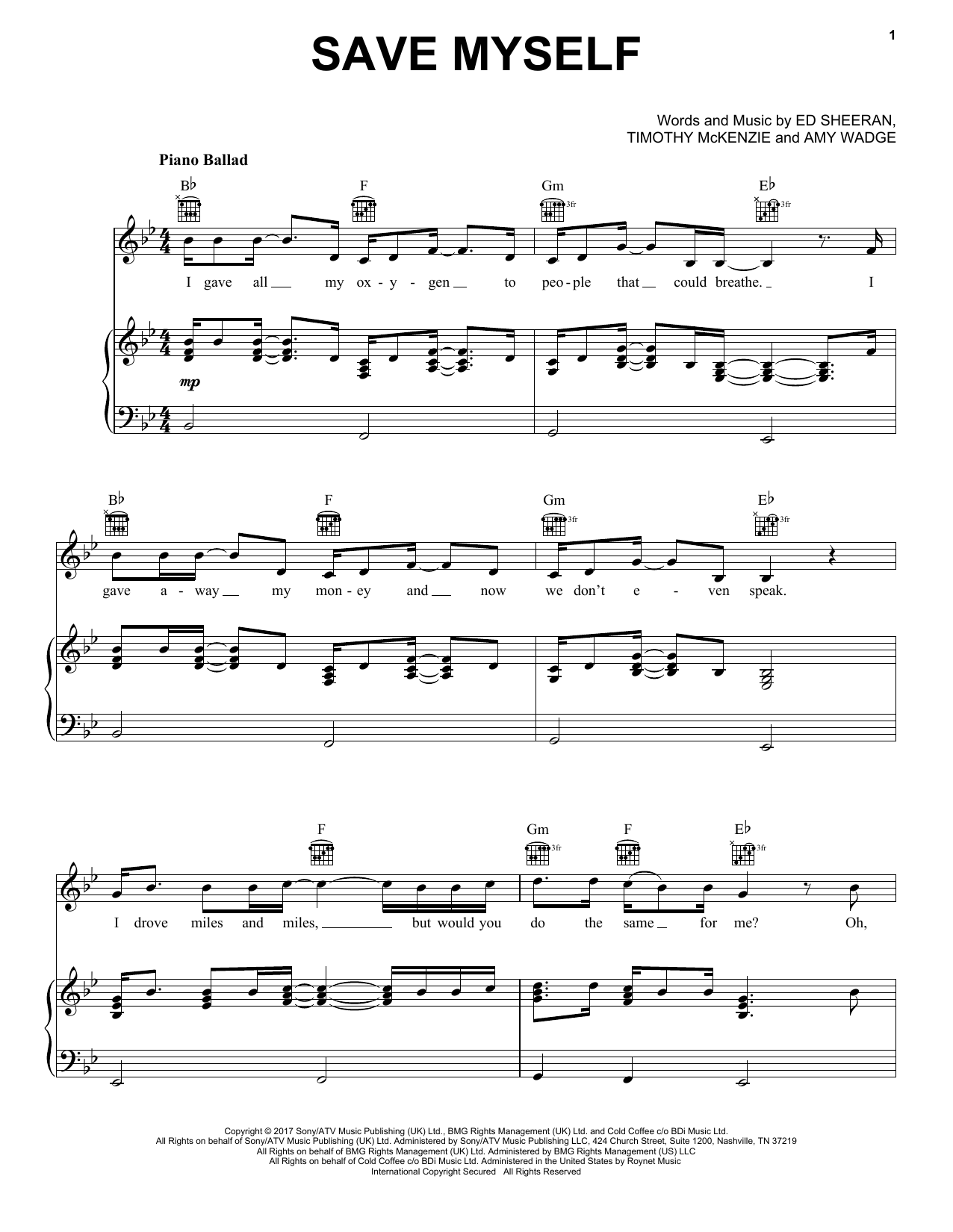 Ed Sheeran Save Myself sheet music notes and chords arranged for Really Easy Piano