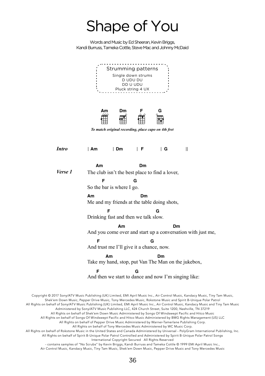 Ed Sheeran Shape Of You (arr. Elise Ecklund) sheet music notes and chords arranged for Ukulele Chords/Lyrics