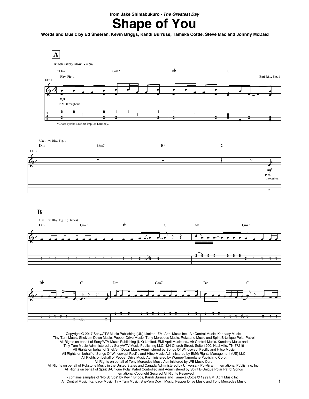 Ed Sheeran Shape Of You (arr. Jake Shimabukuro) sheet music notes and chords arranged for Ukulele Tab