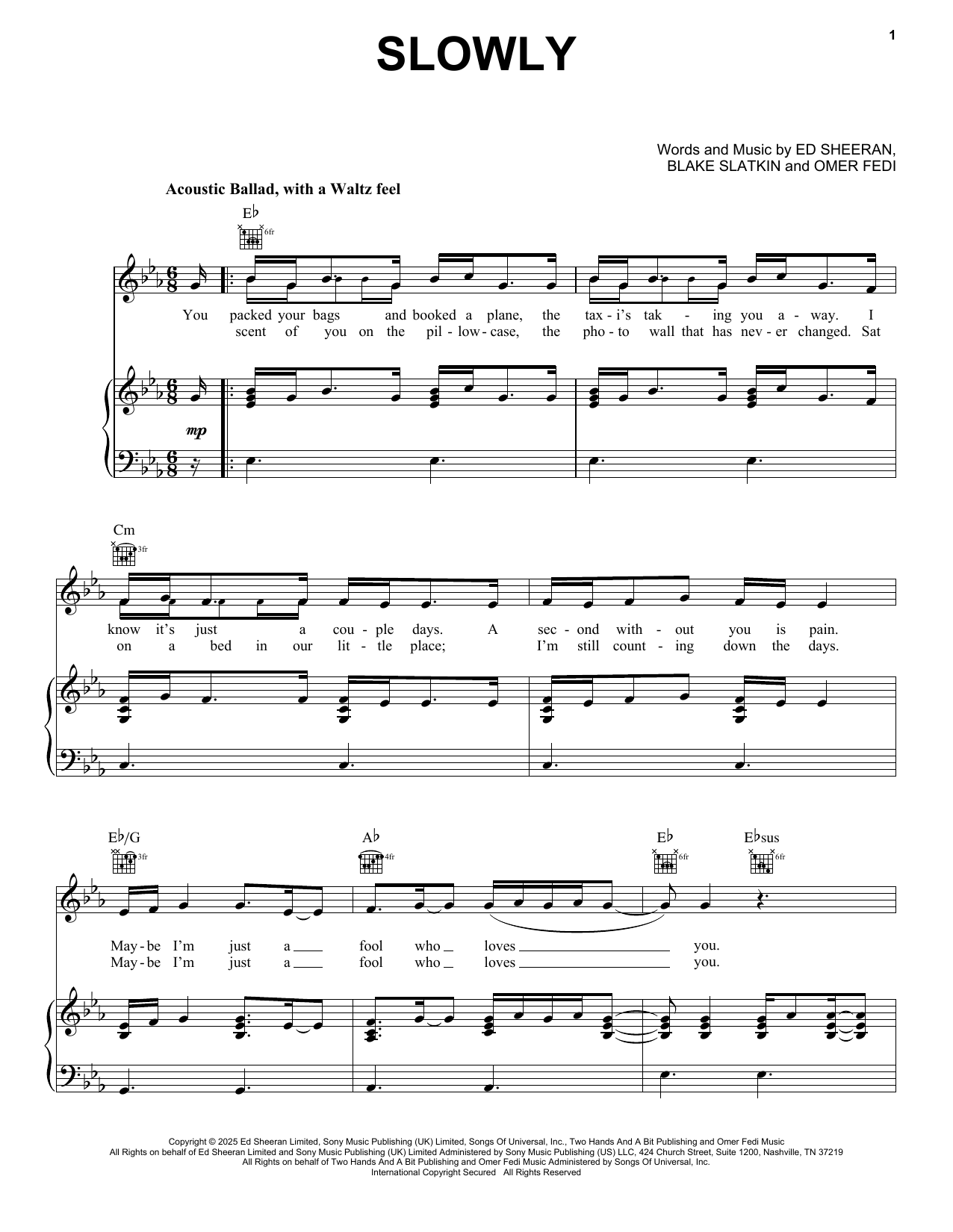Ed Sheeran Slowly sheet music notes and chords arranged for Piano, Vocal & Guitar Chords (Right-Hand Melody)