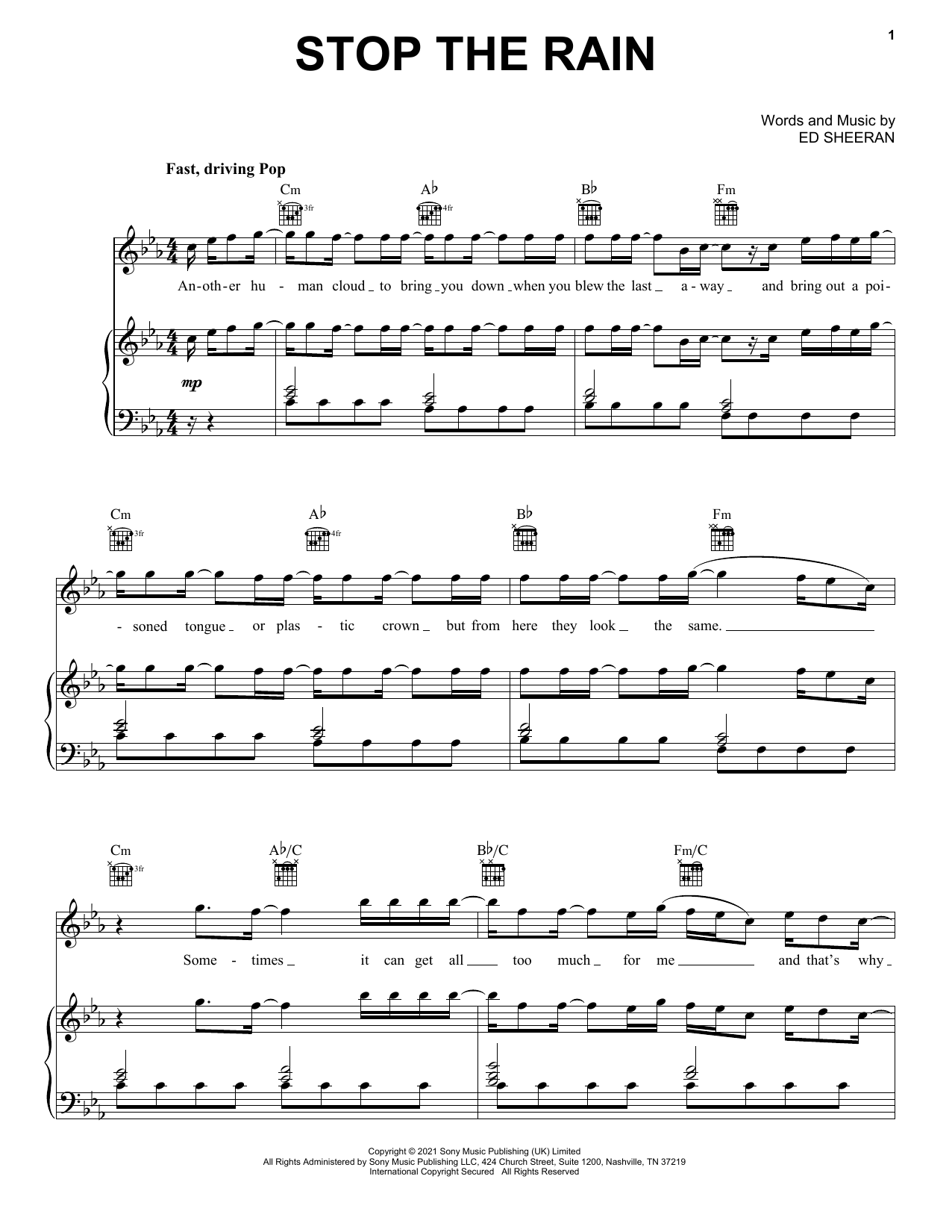 Ed Sheeran Stop The Rain sheet music notes and chords arranged for Easy Piano