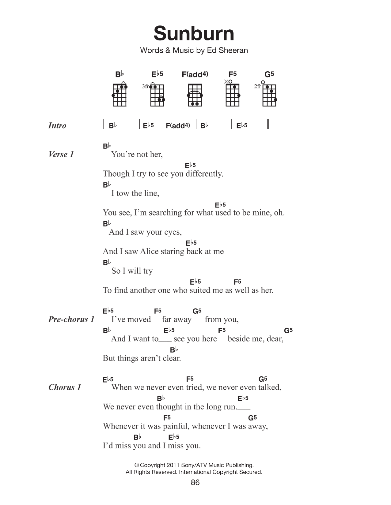 Ed Sheeran Sunburn sheet music notes and chords arranged for Piano, Vocal & Guitar Chords