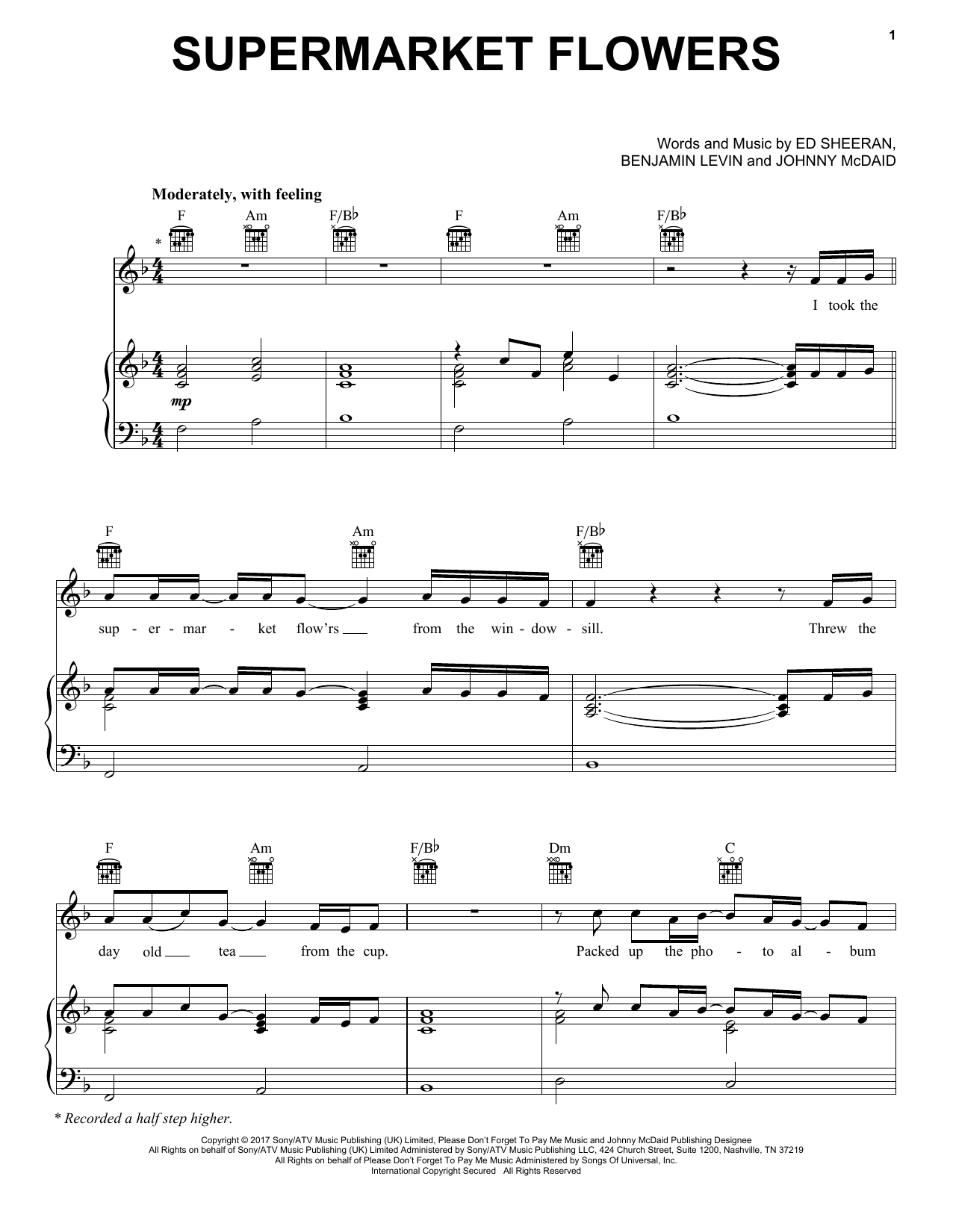 Ed Sheeran Supermarket Flowers sheet music notes and chords arranged for Easy Piano