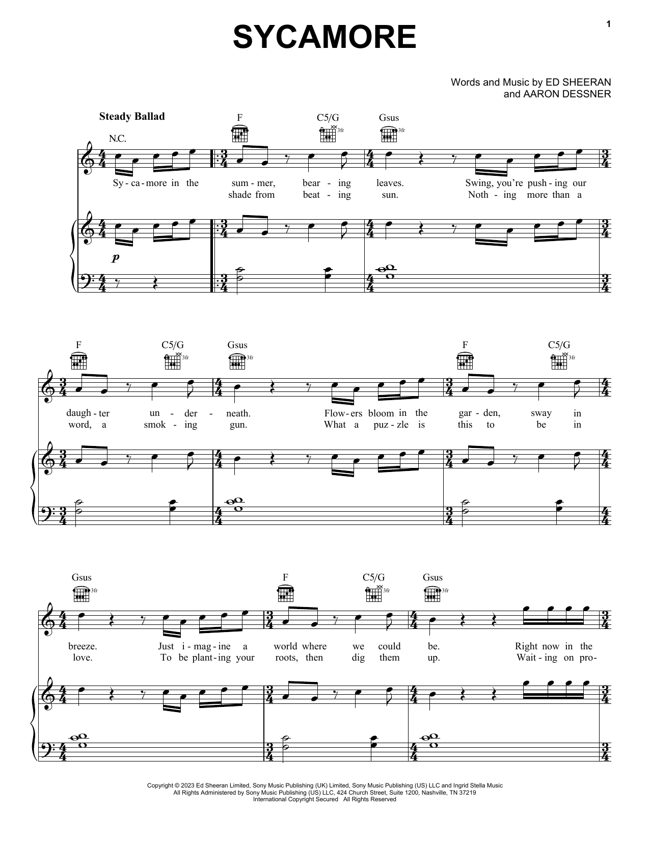 Ed Sheeran Sycamore sheet music notes and chords arranged for Piano, Vocal & Guitar Chords (Right-Hand Melody)
