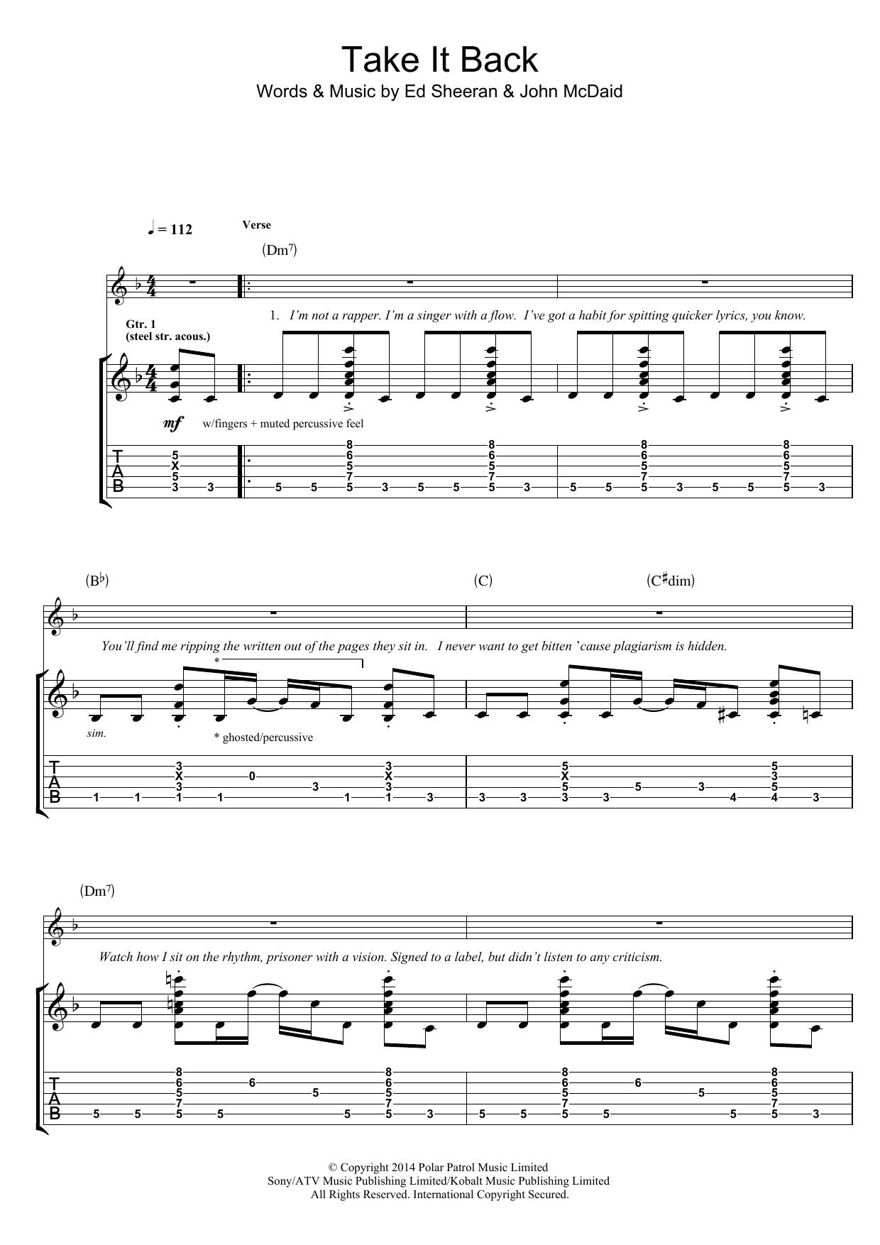 Ed Sheeran Take It Back sheet music notes and chords arranged for Piano, Vocal & Guitar Chords