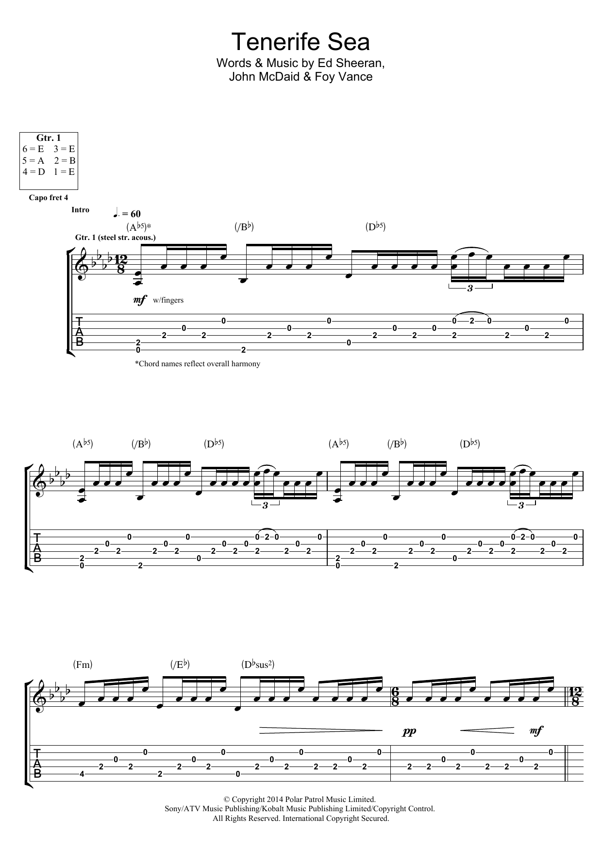 Ed Sheeran Tenerife Sea sheet music notes and chords arranged for Guitar Tab