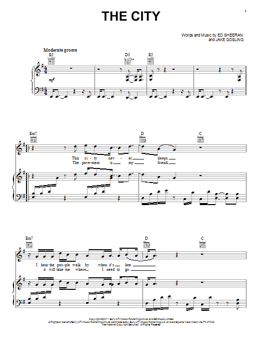 Ed Sheeran The City sheet music notes and chords arranged for Piano, Vocal & Guitar Chords