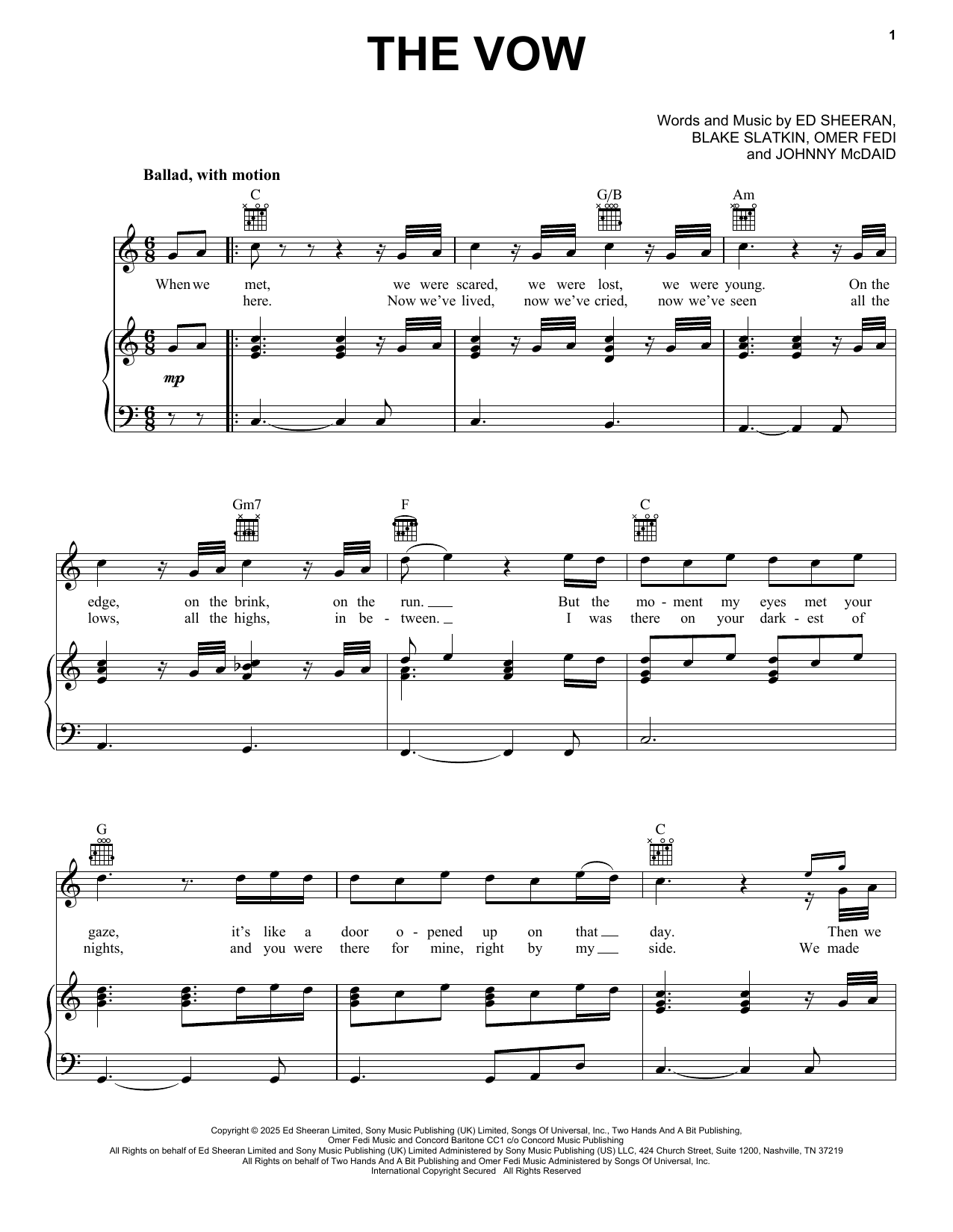 Ed Sheeran The Vow sheet music notes and chords arranged for Piano, Vocal & Guitar Chords (Right-Hand Melody)