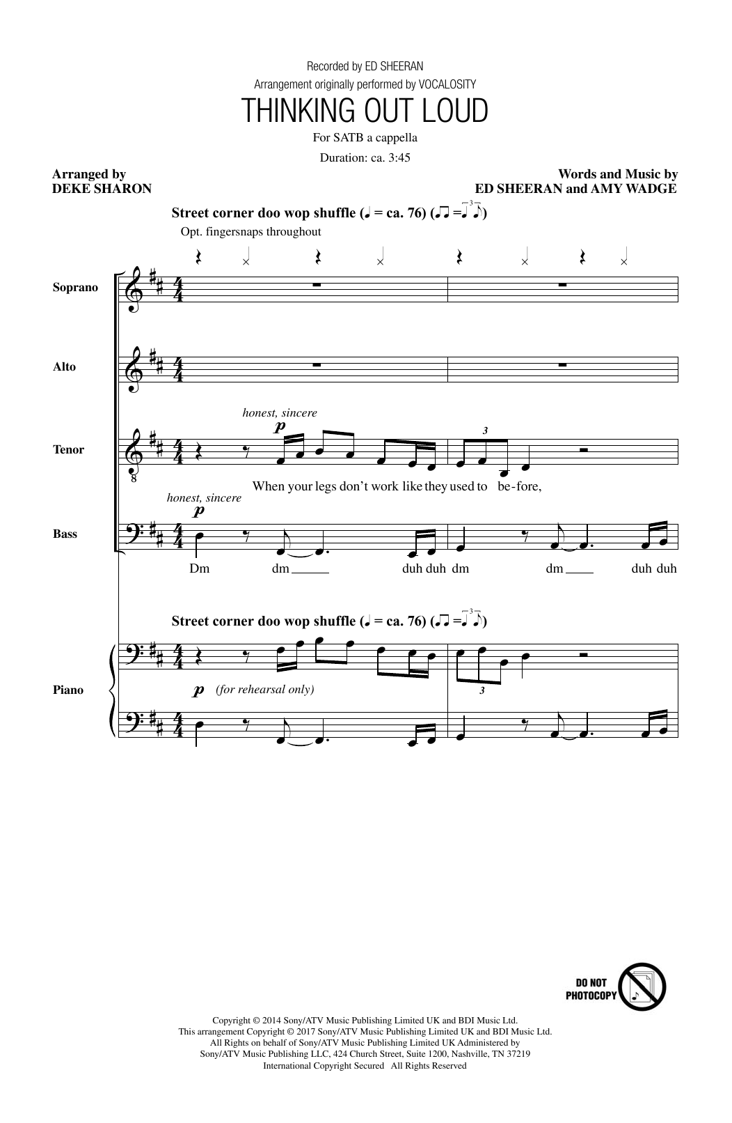 Ed Sheeran Thinking Out Loud (arr. Deke Sharon) sheet music notes and chords arranged for SATB Choir