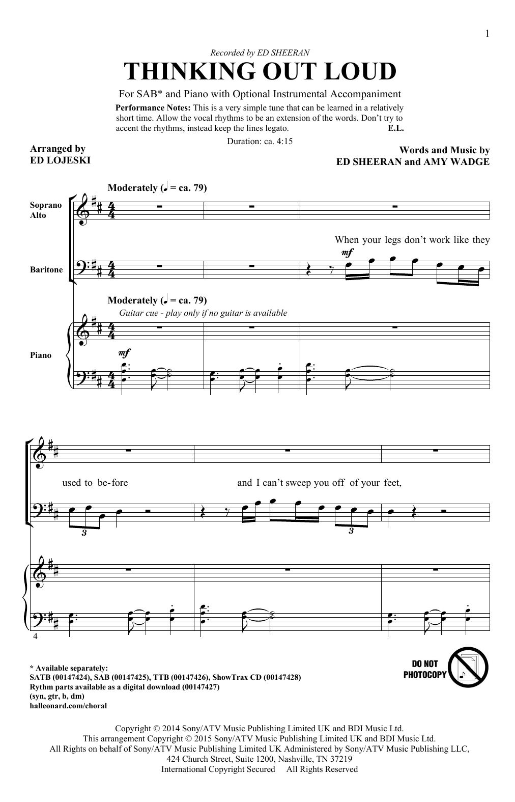 Ed Sheeran Thinking Out Loud (arr. Ed Lojeski) sheet music notes and chords arranged for SAB Choir