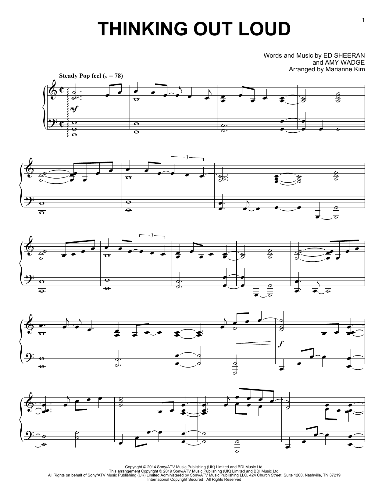 Ed Sheeran Thinking Out Loud (arr. Marianne Kim) sheet music notes and chords arranged for Piano Solo