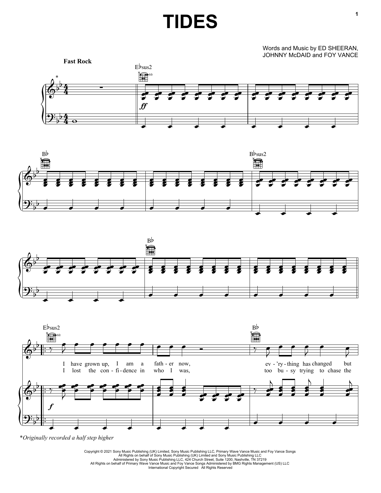 Ed Sheeran Tides sheet music notes and chords arranged for Easy Piano