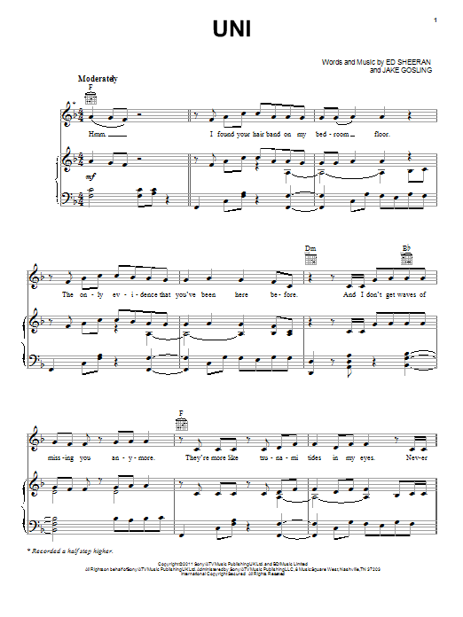 Ed Sheeran U.N.I sheet music notes and chords arranged for Piano, Vocal & Guitar Chords